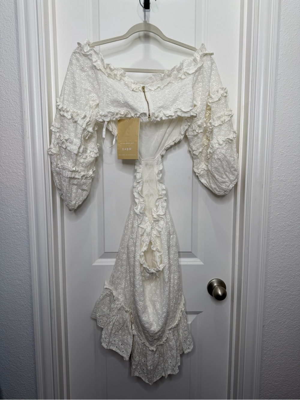 SABO Off Shoulder Eyelet Lace Up Cutout Mini Dress White Medium NWT! - Picture 9 of 11